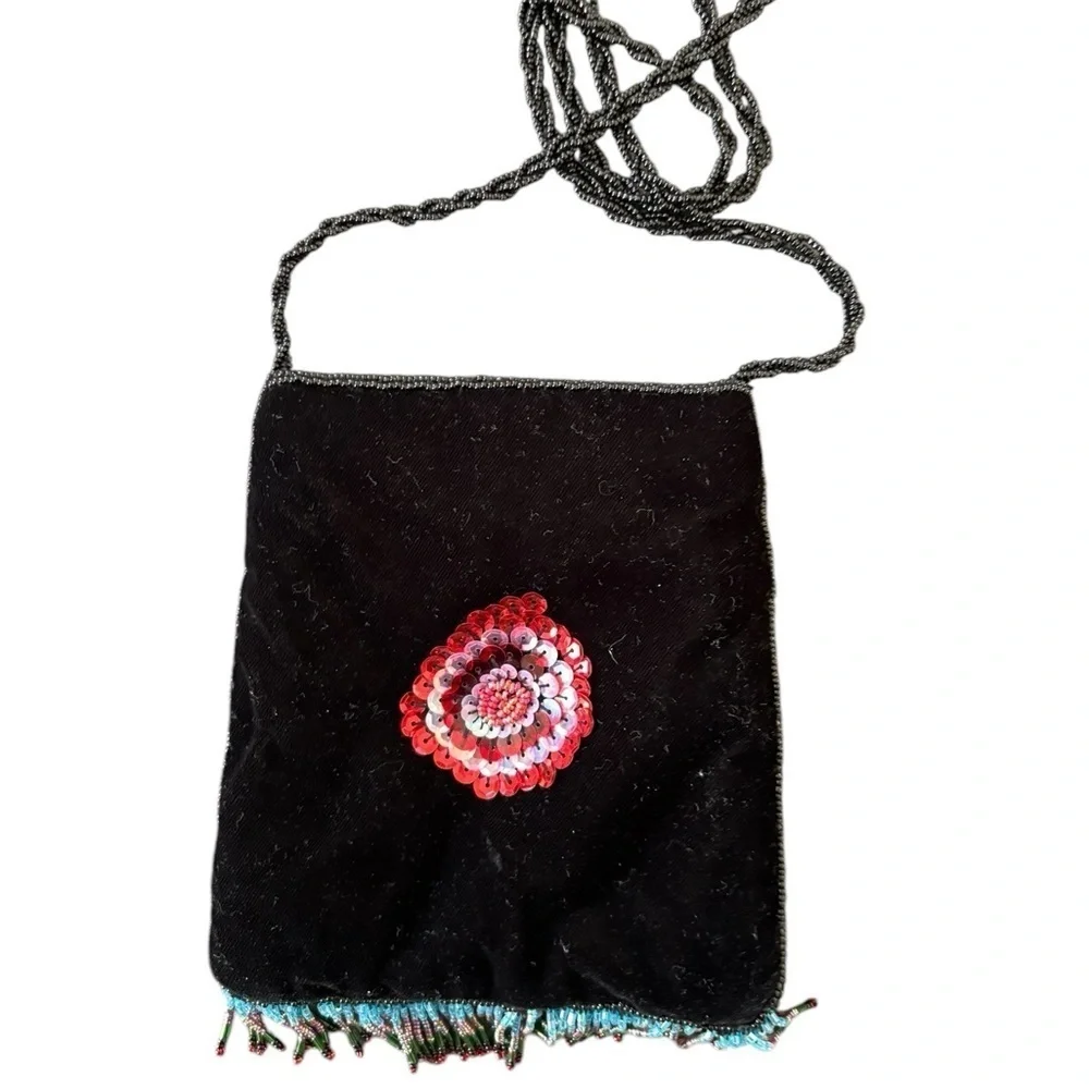 VTG Hand Beaded Velvet Crossbody Evening Bag Beaded Fringe Small Size 7X5 Floral